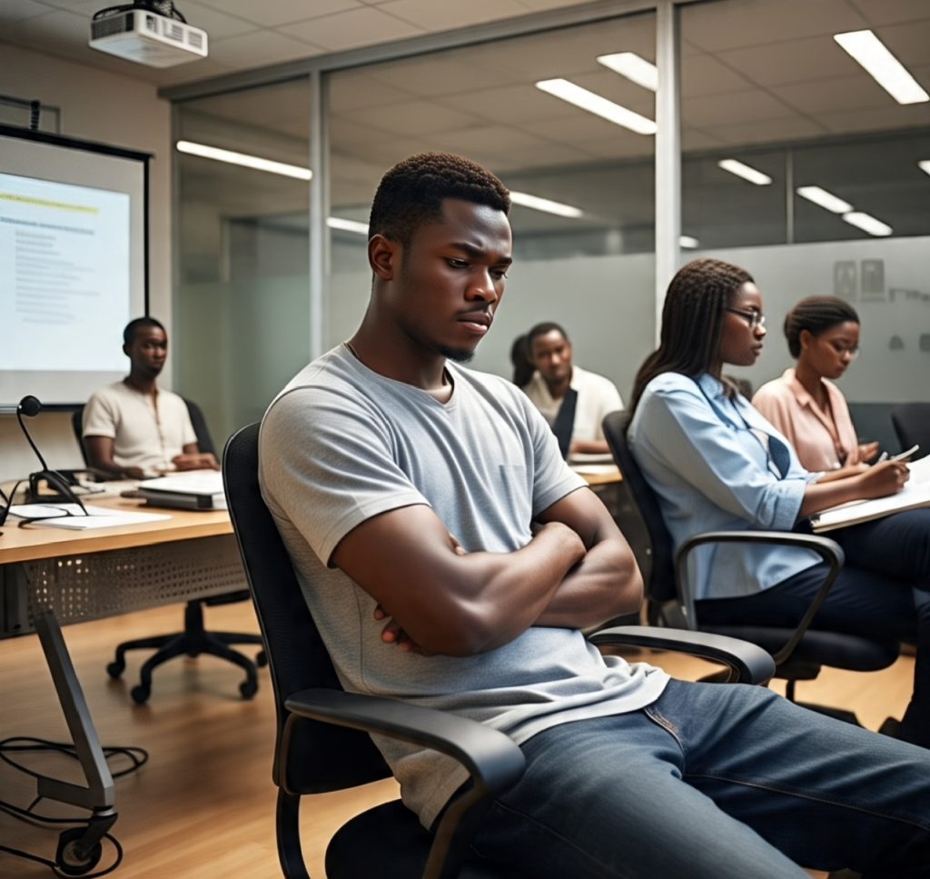 Employee looking lost during a training session without relevance