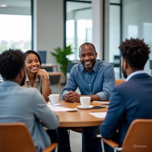 “Manager and employee engaging in an informal performance check-in meeting.”
