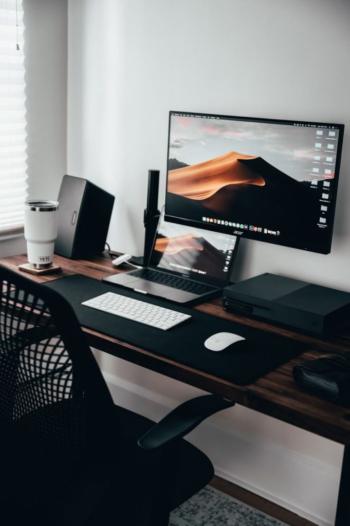 Healthy remote workspace setup with snacks and hydration reminders.”