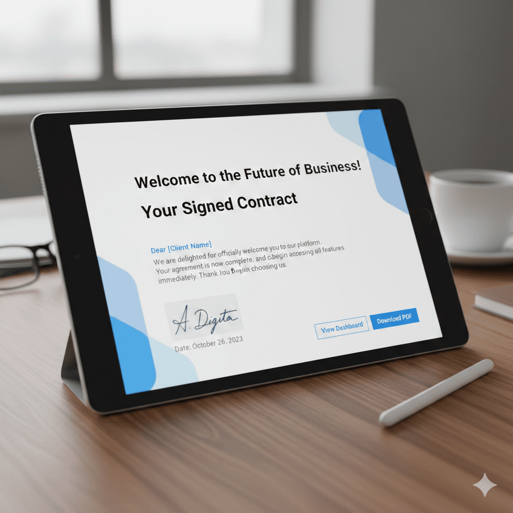 Alt Text:Automated onboarding process showing welcome email and e-signature approval.”