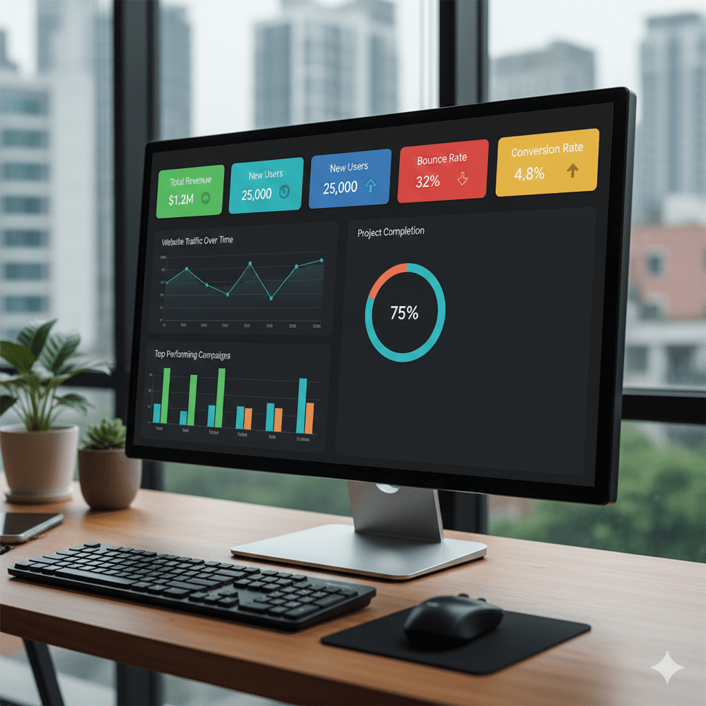 Automated communication dashboard showing client updates and chatbot support.”