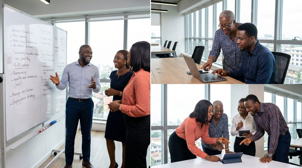 A workplace culture-focused image showing employees brainstorming, smiling, mentoring, or working together naturally.
