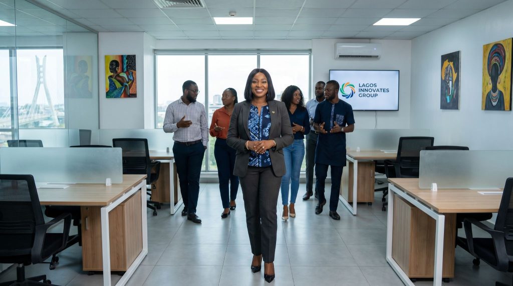 
A confident business leader standing with their team in the background or a company team walking together in a workspace.
