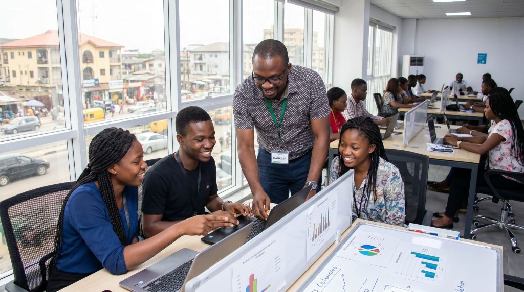 “Business leader supporting employees during team collaboration and workplace development.”