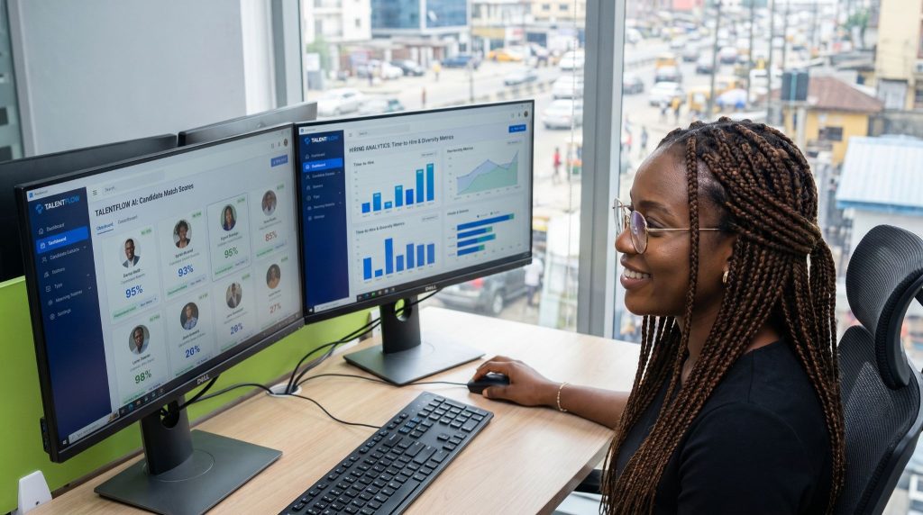 HR professional using artificial intelligence technology for talent acquisition and recruitment.