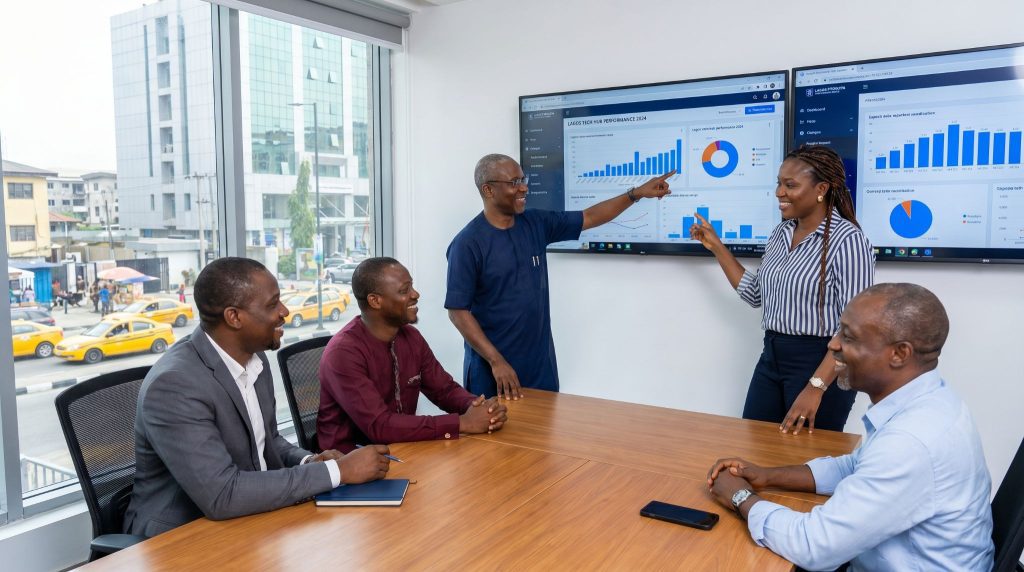 Modern workforce using technology to support collaboration and decision-making.
