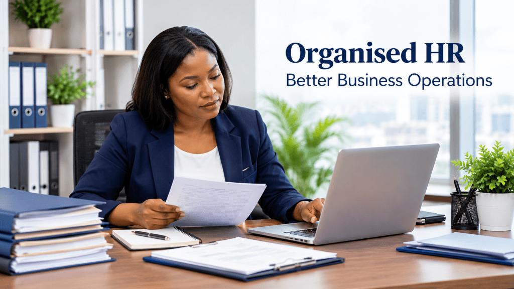 HR professional managing employee records and HR administration in an office.