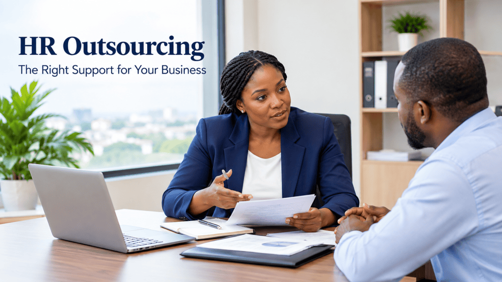 HR consultant discussing HR outsourcing services with a Nigerian business owner.