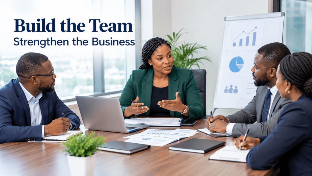 Nigerian management team discussing business growth strategies, employee development, and operational improvements
