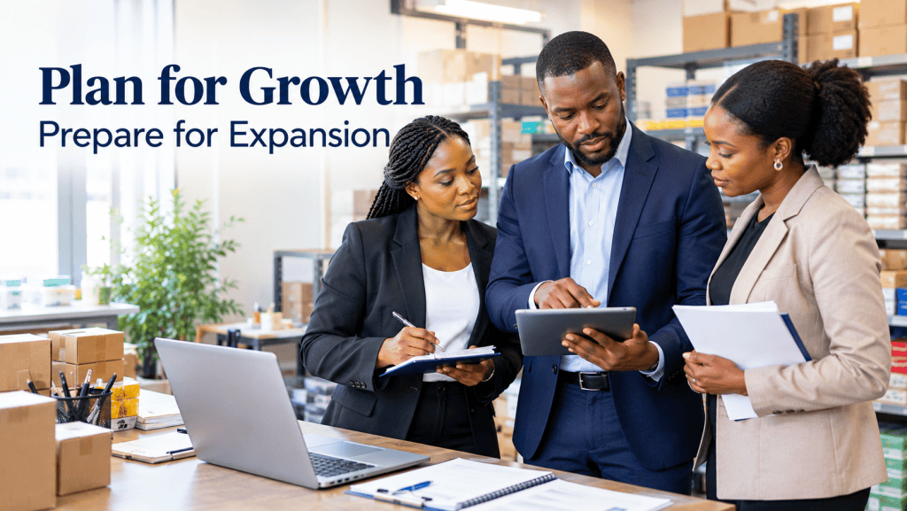 A Nigerian business owner and colleagues reviewing operational plans to prepare the business for growth and expansion.